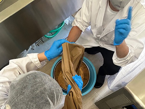 乾燥野菜（大豆を機会で粉砕する作業）