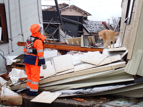 2024年1月7日撮影、　能登半島地震の輪島市内の行方不明者捜索